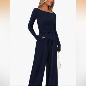 Y2K Navy Two piece wide leg lounge set with asymmetrical shirt with ruching